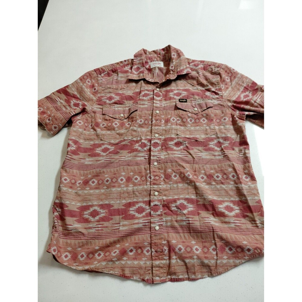 Wrangler Western Pearl Snap Shirt Aztec Short Sleeve Orange Men's Large Cowboy